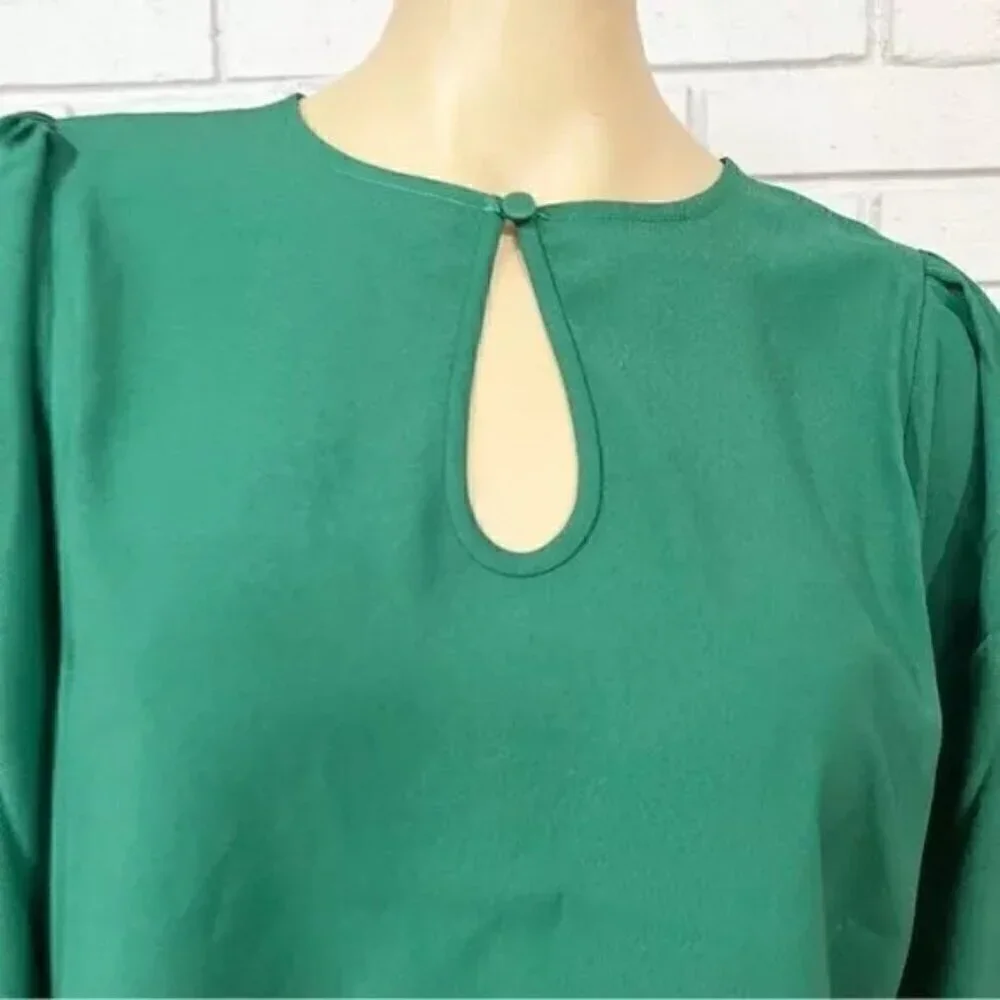 J.Crew Blouse Longsleeve Keyhole Front Puff Sleeve Crepe Green Large Tall NWT